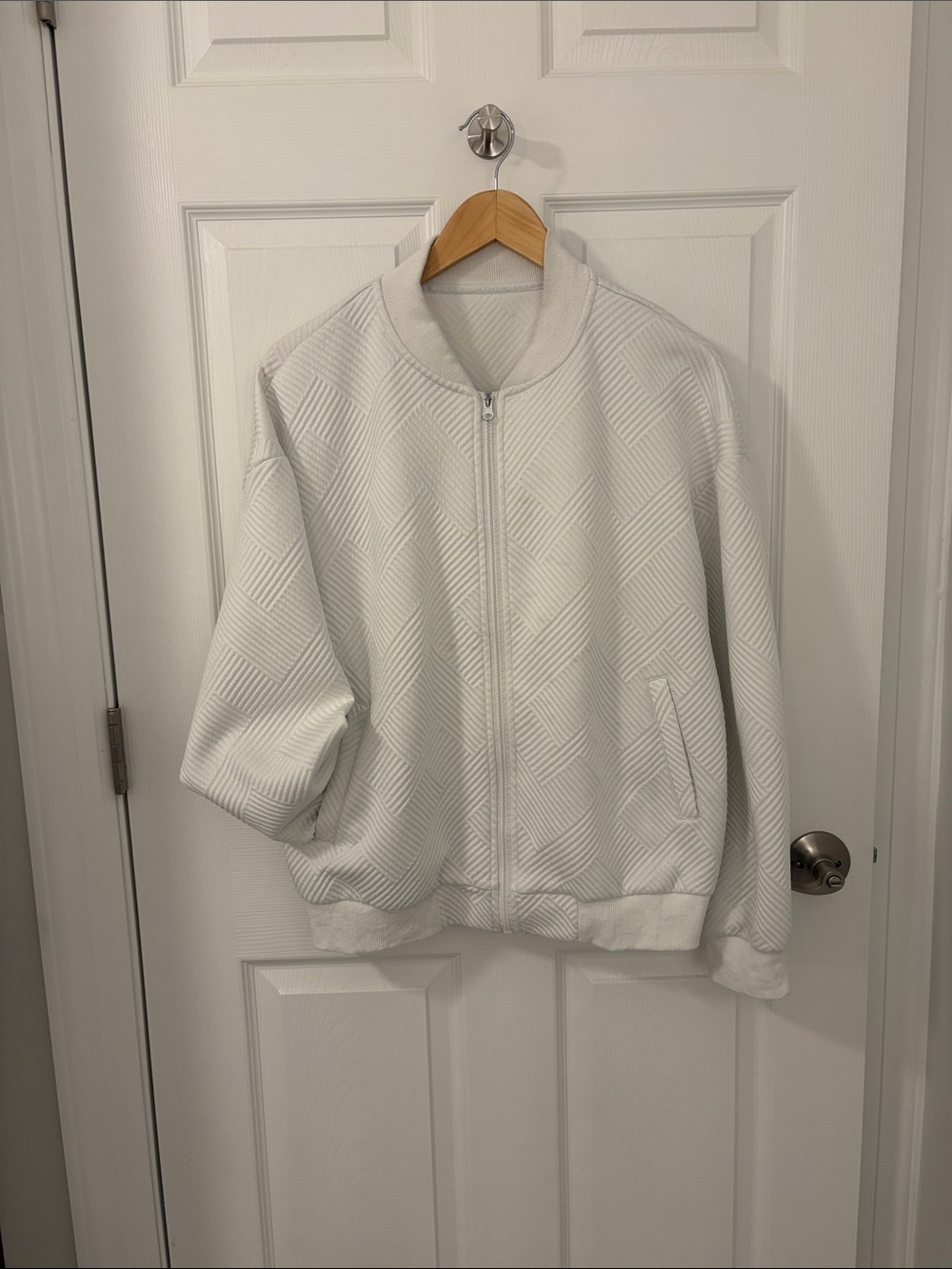White Textured Zip Bomber Jacket